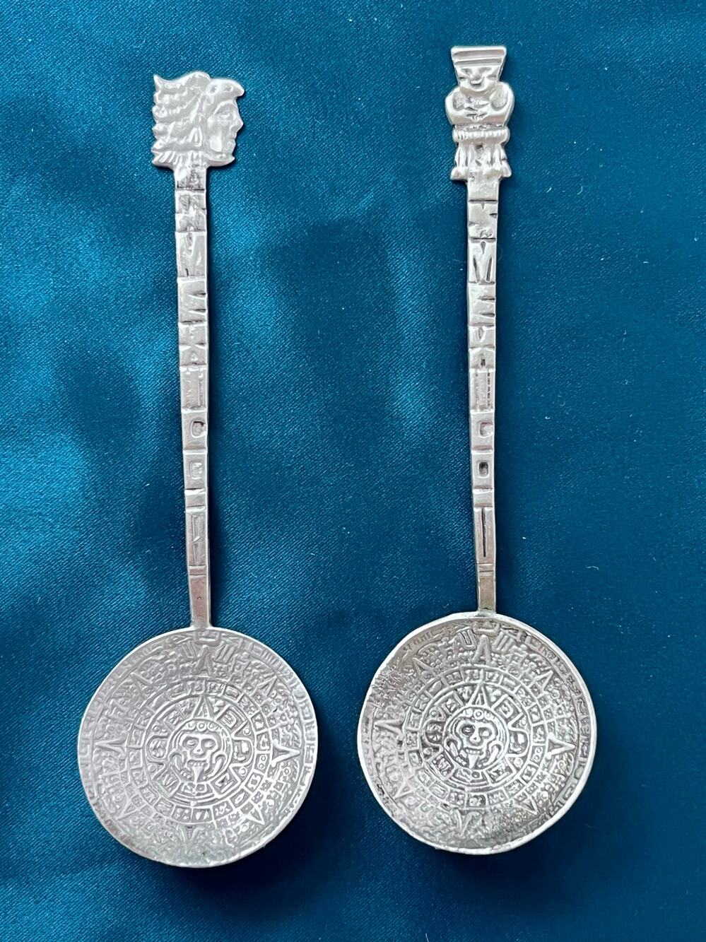 Vintage 850 Silver Mexican Aztec Calendar Spoon Set Mexico Sun Stone Souvenir